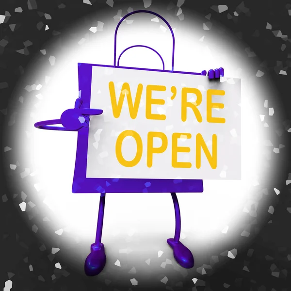 We're Open Sign on Shopping Bag Shows New Store Launch Or Openin