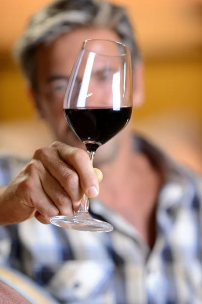 Focus on glass of red wine hold by winemaker