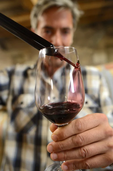 Closeup of red wine sample being poured in glass