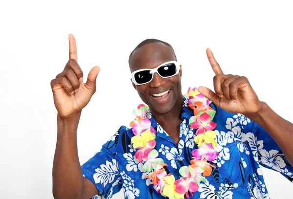 Portrait of happy funny guy with hawaiian shirt