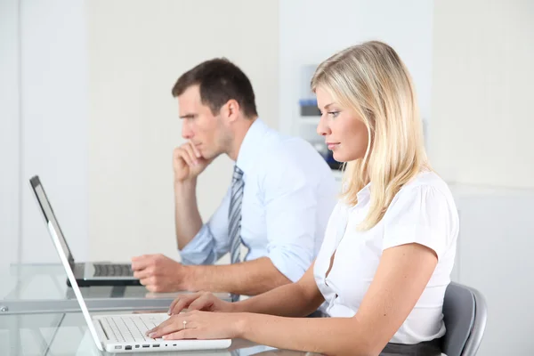 Man and woman working in the office on laptop computer