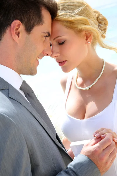 Bride and groom exchanging wedding rings