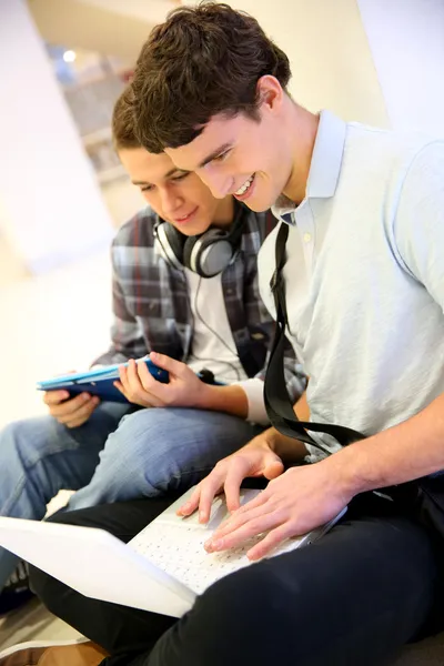 Boys using laptop computer in school building