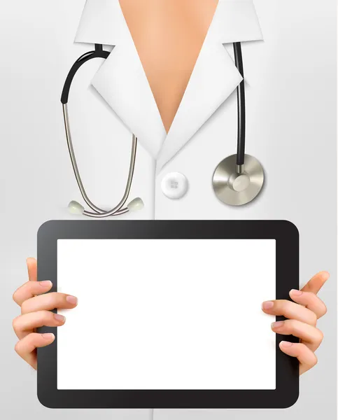 Doctor with stethoscope holding blank digital tablet. Vector illustration