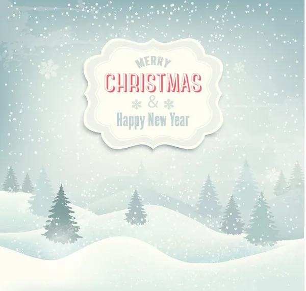 Retro holiday christmas background with winter landscape. Vector