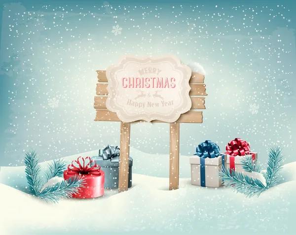 Christmas winter background with presents and wooden board. Vect