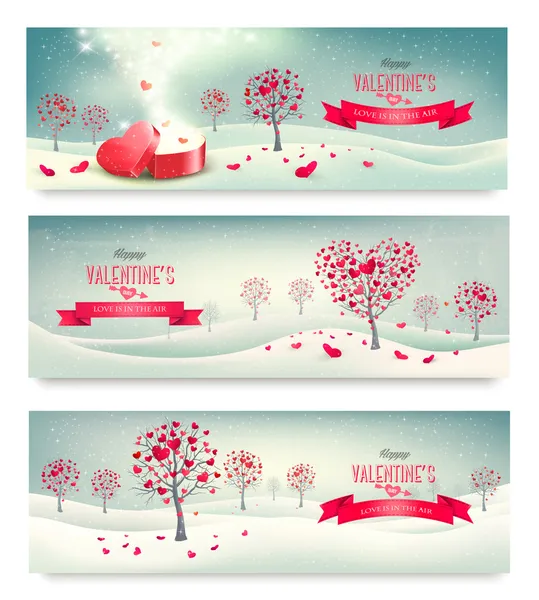 Holiday retro banners. Valentine trees with heart-shaped leaves.
