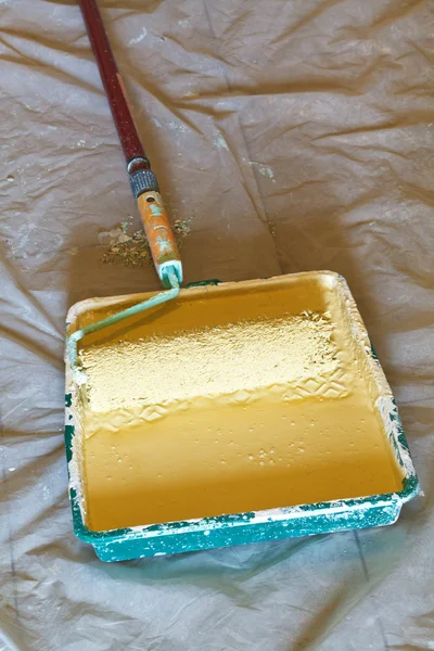 Roller brush with handle in plastic paint tray