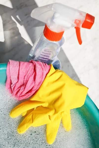Rubber glove, duster, spray bottle, soapsuds water