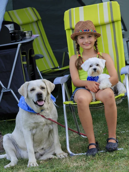 Summer camp - young girl playing with dogs on the camping