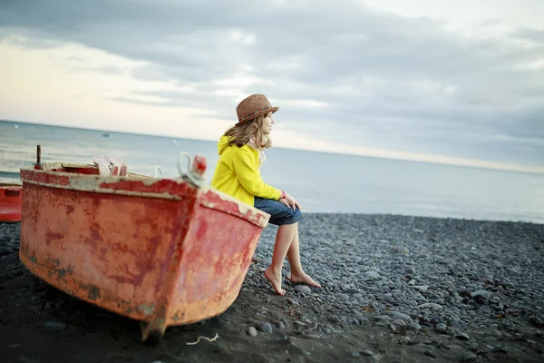 Beach, boat and girl - Portrait of lovely girl on the beach