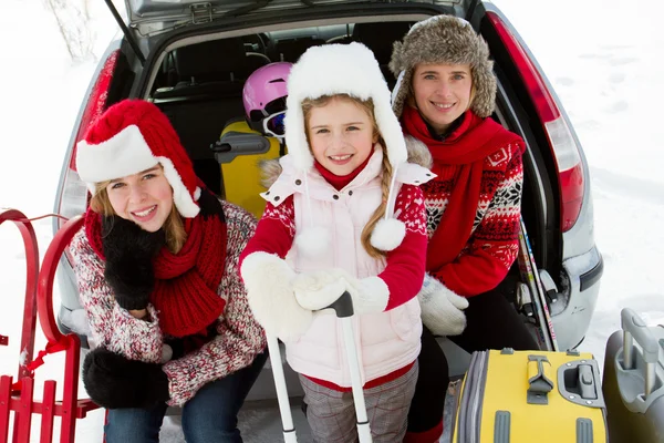 Winter, travel - family with baggage ready for the travel for winter vacation