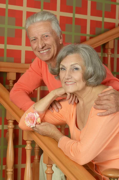 Elderly couple on stairs with railing