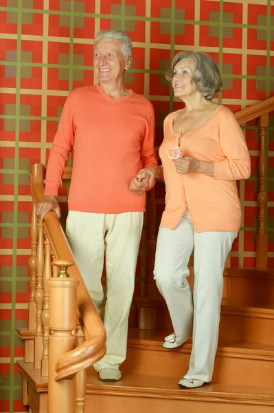 Retired couple on stairs with railing