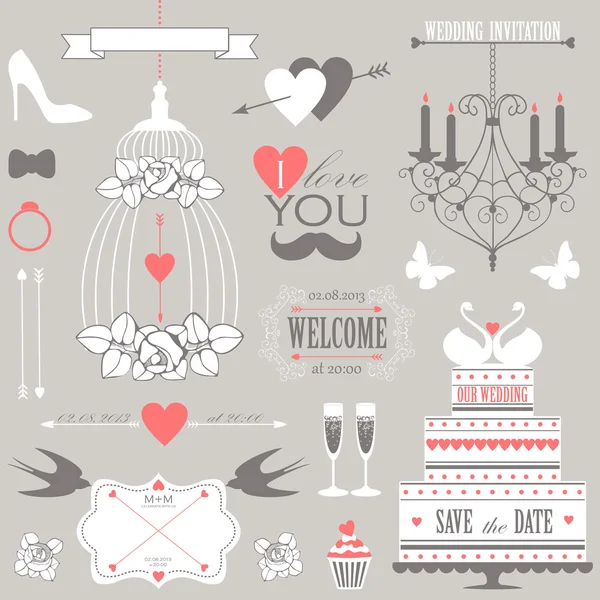 Vector collection of decorative wedding design elements.