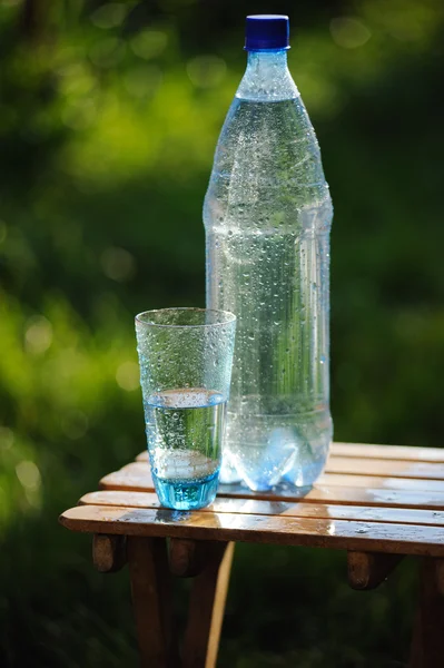 Glass of water and bottle with mineral water on nature background
