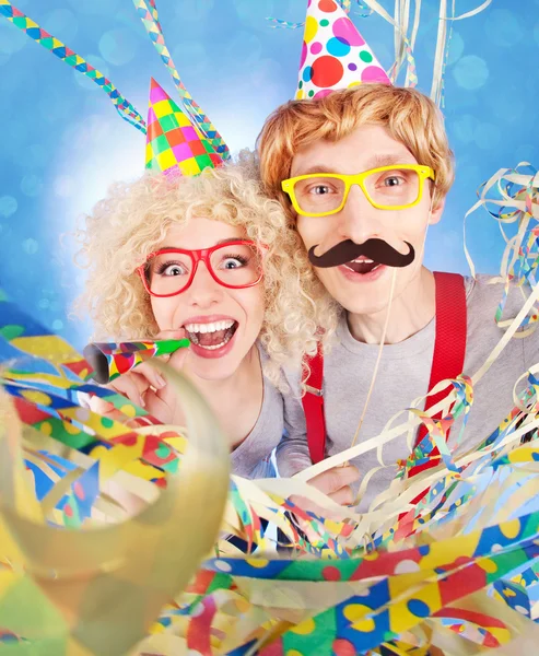 Funny nerdy couple celebrating