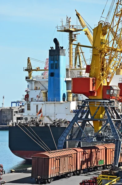 Bulk cargo ship and train under port crane