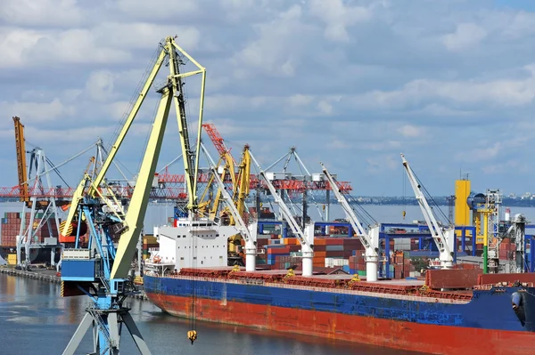 Bulk cargo ship under port crane