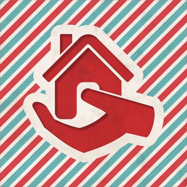 Home in Hand Icon on Striped Background.