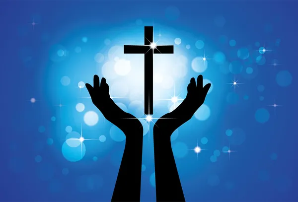 Person praying or worshiping to holy cross or Jesus- vector grap