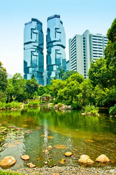 Quiet oasis of Hong Kong Park overlooked by the futuristic skyscrapers of financial district