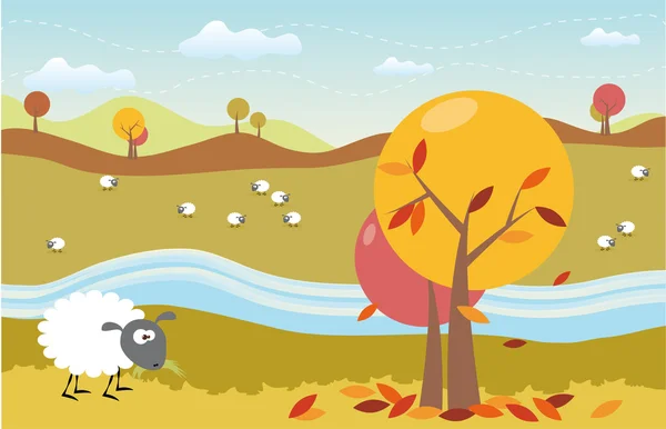 Cartoon autumn landscape with cute sheeps