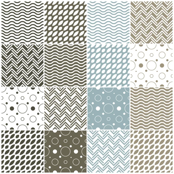 Geometric seamless patterns: polka dots, waves, chevron