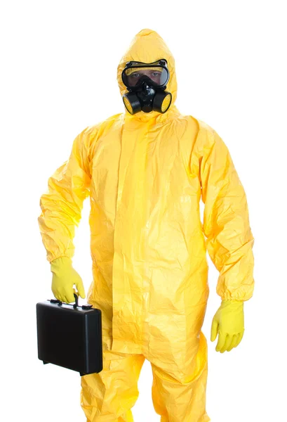 Man with briefcase in protective hazmat suit. Isolated on white.