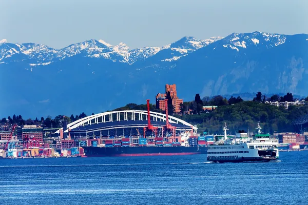 Seattle Washington Port Ferry Stadium with Cranes and Freighters