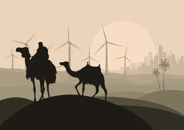 Wind electricity generators, windmills and camel caravan in arab