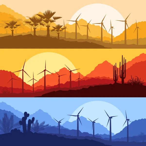 Wind electricity generators, windmills in desert palm tree and c — Stock Vector #20667847
