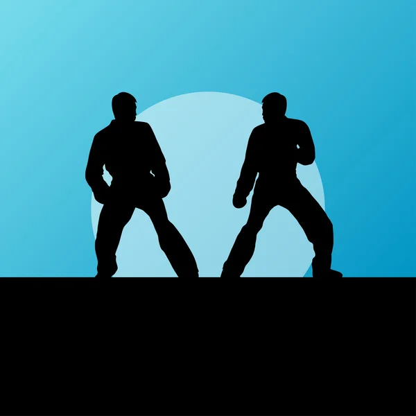 Active tae kwon do martial arts fighters combat fighting and kicking sport silhouettes illustration background vector