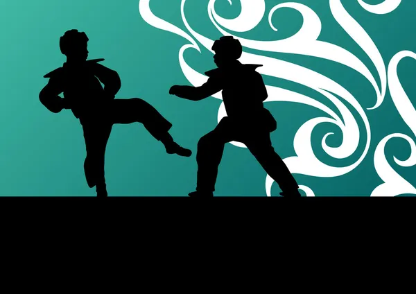 Active tae kwon do martial arts fighters combat fighting and kicking sport silhouettes illustration background vector