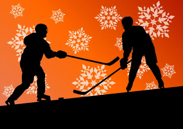 Active young men hockey players sport silhouettes in winter ice