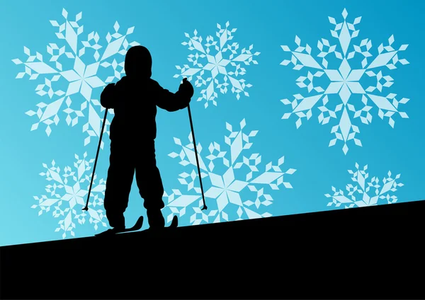 Active children skiing sport silhouettes in winter ice and snowf