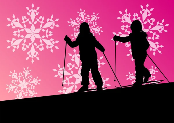 Active children skiing sport silhouettes in winter ice and snowf