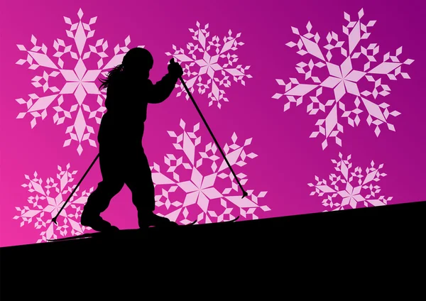 Active children skiing sport silhouettes in winter ice and snowf