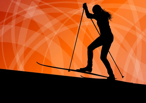 Active young woman girl skiing sport silhouette in winter ice an