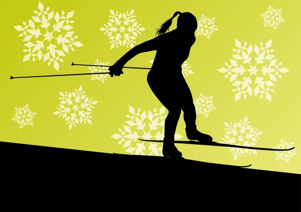 Active young woman girl skiing sport silhouette in winter ice an