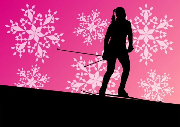 Active young woman girl skiing sport silhouette in winter ice an