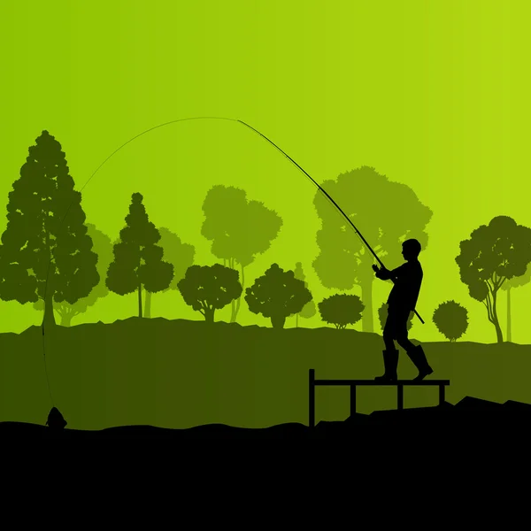 Fisherman, angler vector background landscape concept with trees