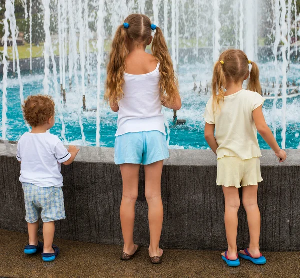 Two girls and a little boy standing near the fountain back to the camera