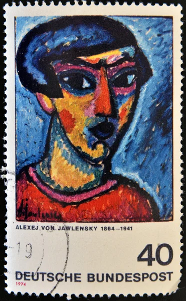 A stamp printed in Germany shows Portrait in Blue, Painting by Alexej von Jawlensky