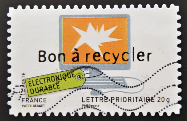 A stamp printed in France dedicated to sustainable ideas, shows computer, Good to recycle
