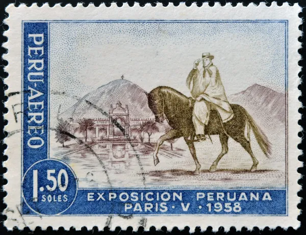 PERU - CIRCA 1958: A stamp printed in Peru dedicated to Peruvian Exhibition Paris shows Chalan with Peruvian Paso Horse, circa 1958