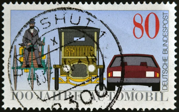 GERMANY - CIRCA 1986: A stamp printed in Germany dedicated to the 100th anniversary of the car, shows Benz Tricycle, Saloon Car, 1912 and Modern Automobile, circa 1986