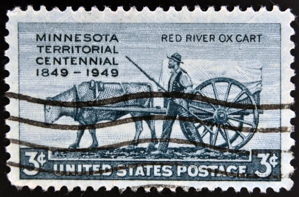 UNITED STATES OF AMERICA - CIRCA 1949: A stamp printed in USA shows the Pioneer and Red River Oxcart, Minnesota Territory Issue, circa 1949