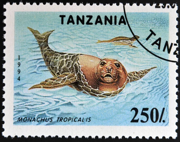 TANZANIA - CIRCA 1994: A stamp printed in Tanzania shows Carribean monk seals (Monachus tropicalis), circa 1994.