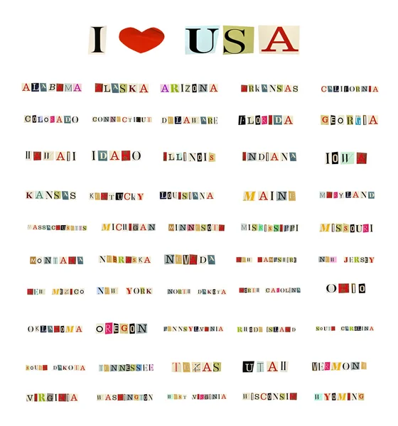 All 50 states of the United States of America formed with magazine letters on a white background